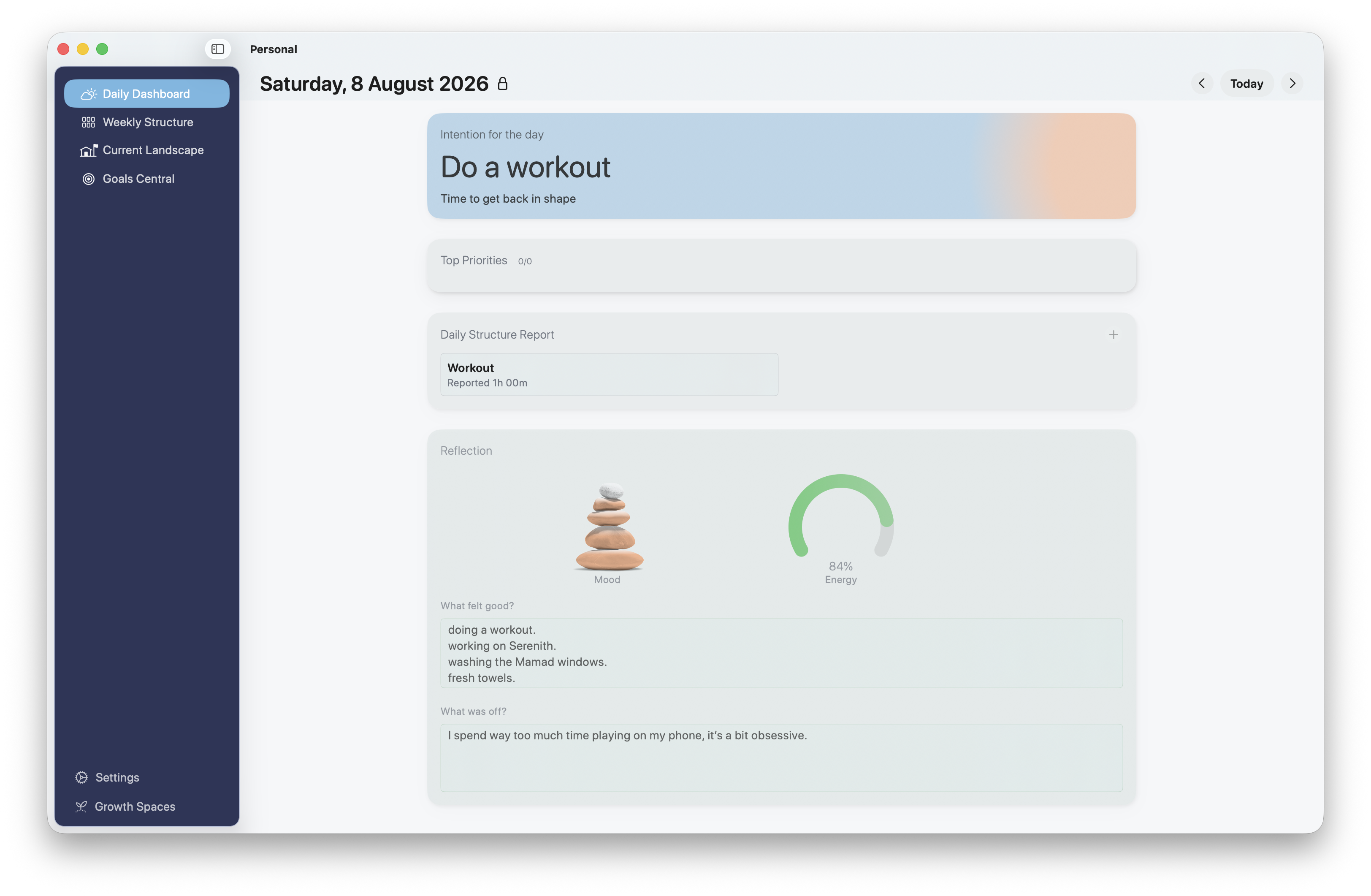 Serenith's Daily Dashboard showing an intention, structure report, and reflection.