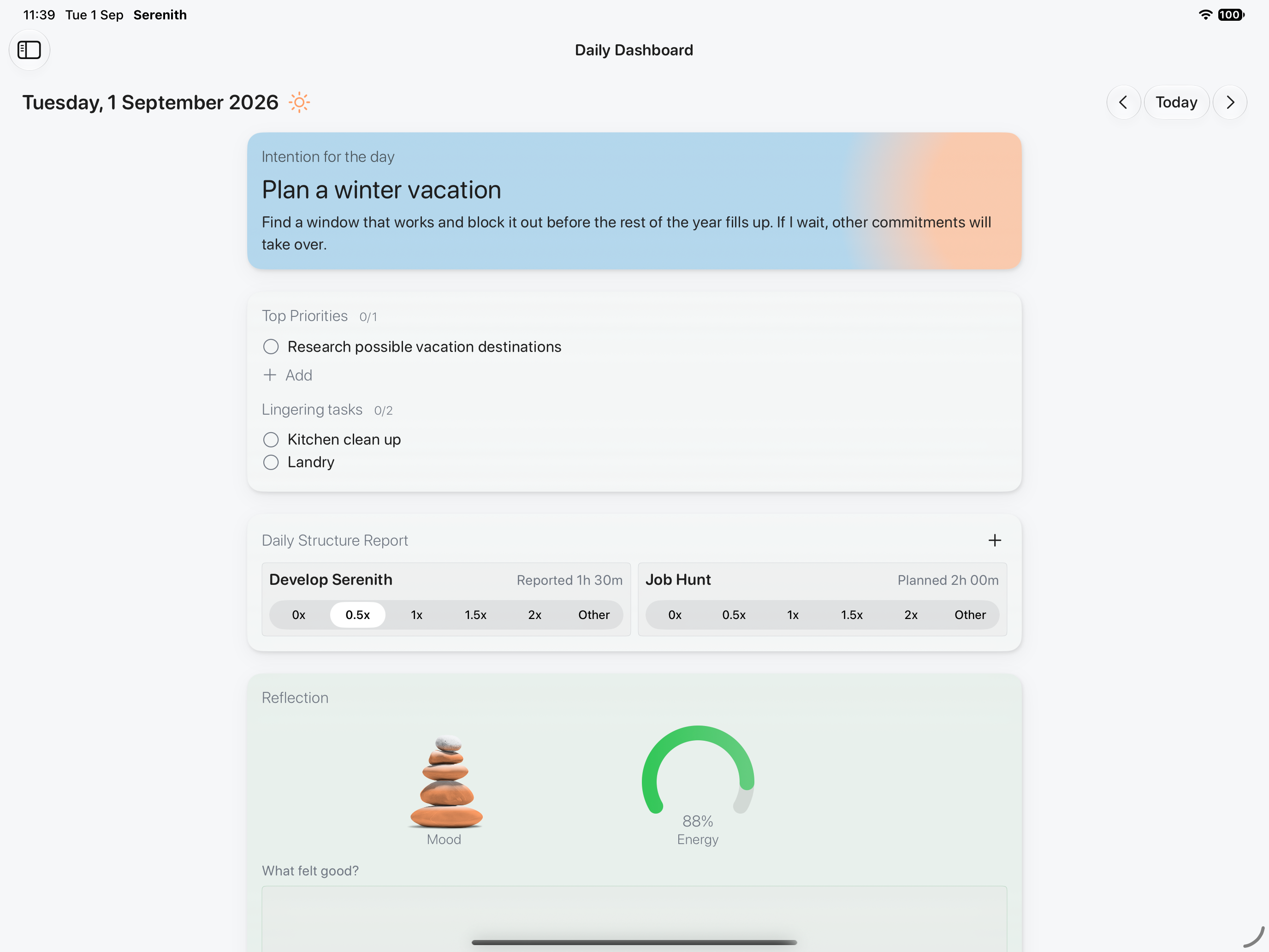 Serenith's Daily Dashboard showing an intention, structure report, and reflection on iPad.