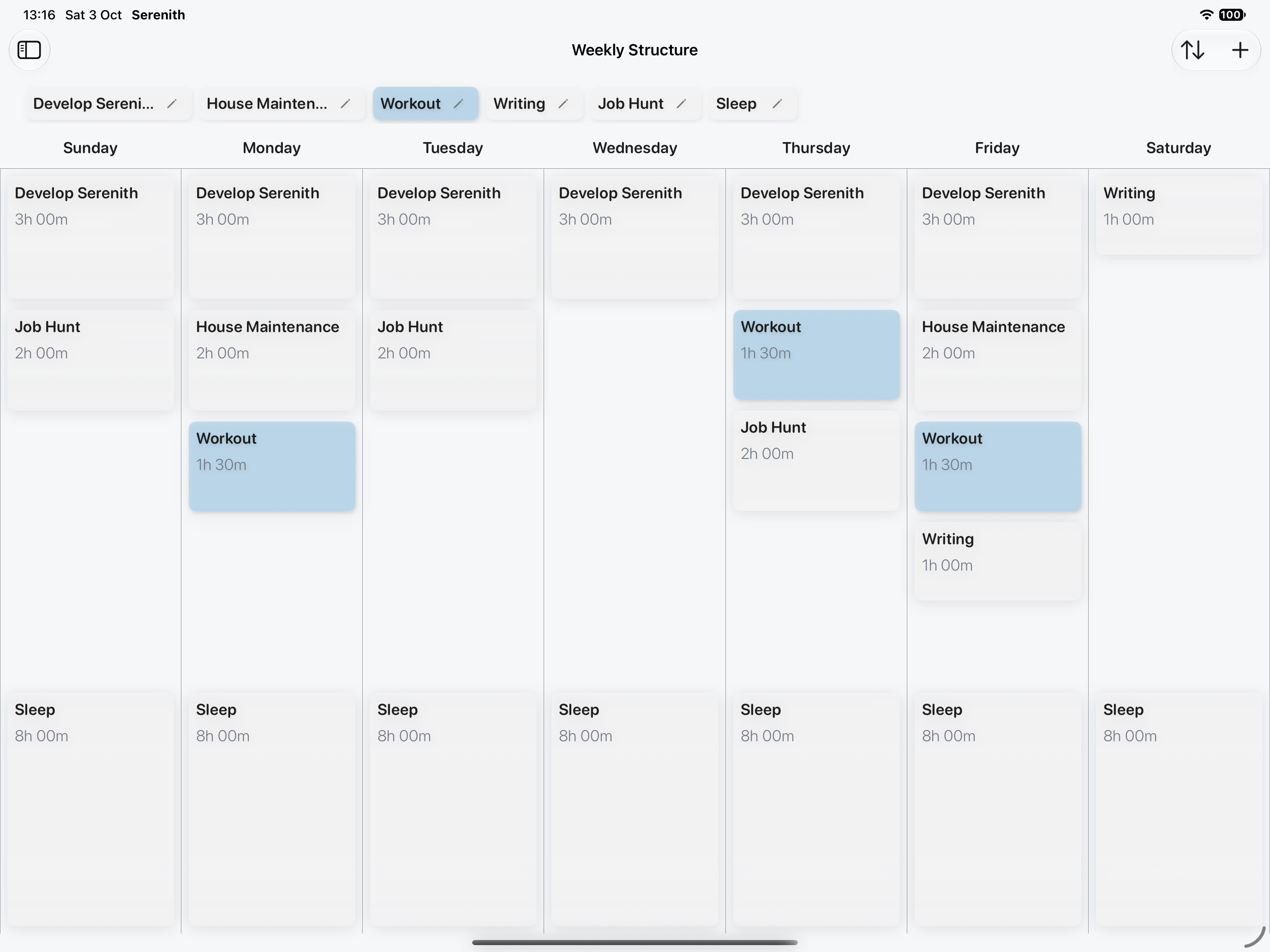 Serenith's Weekly Structure showing recurring blocks distributed across the week on iPad.