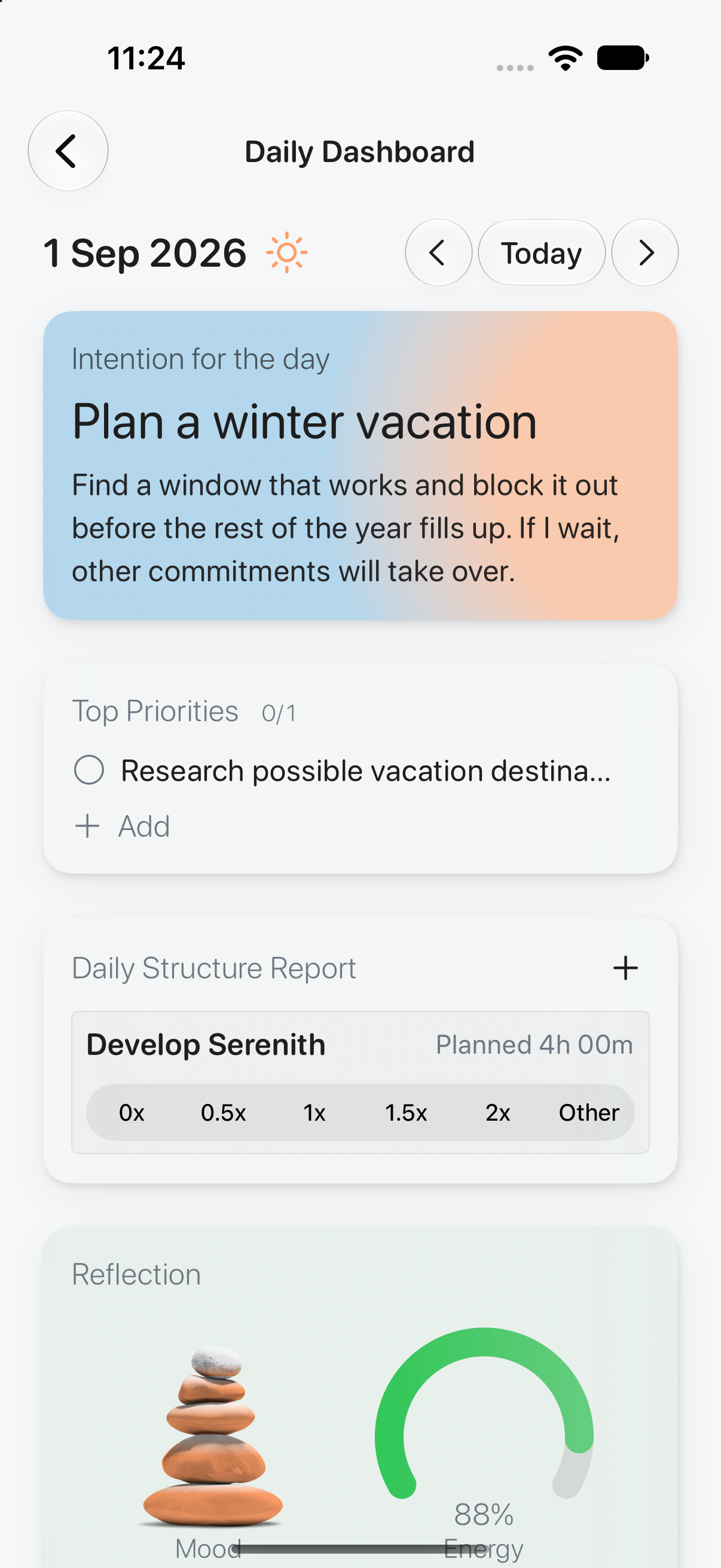 Serenith's Daily Dashboard on iPhone showing an intention, structure report, and reflection.