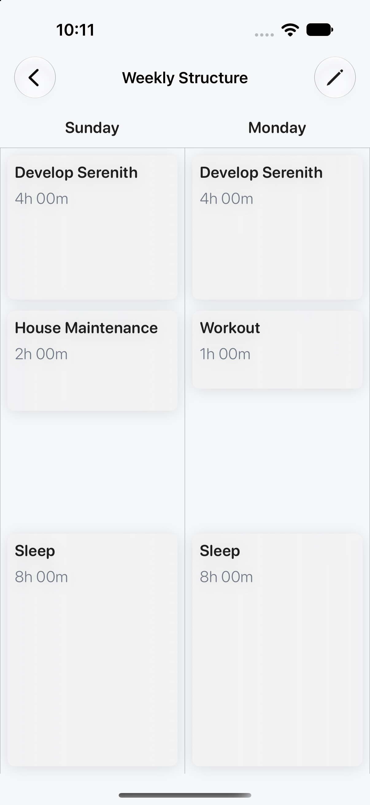 Serenith's Weekly Structure showing recurring blocks distributed across the week on iPhone.