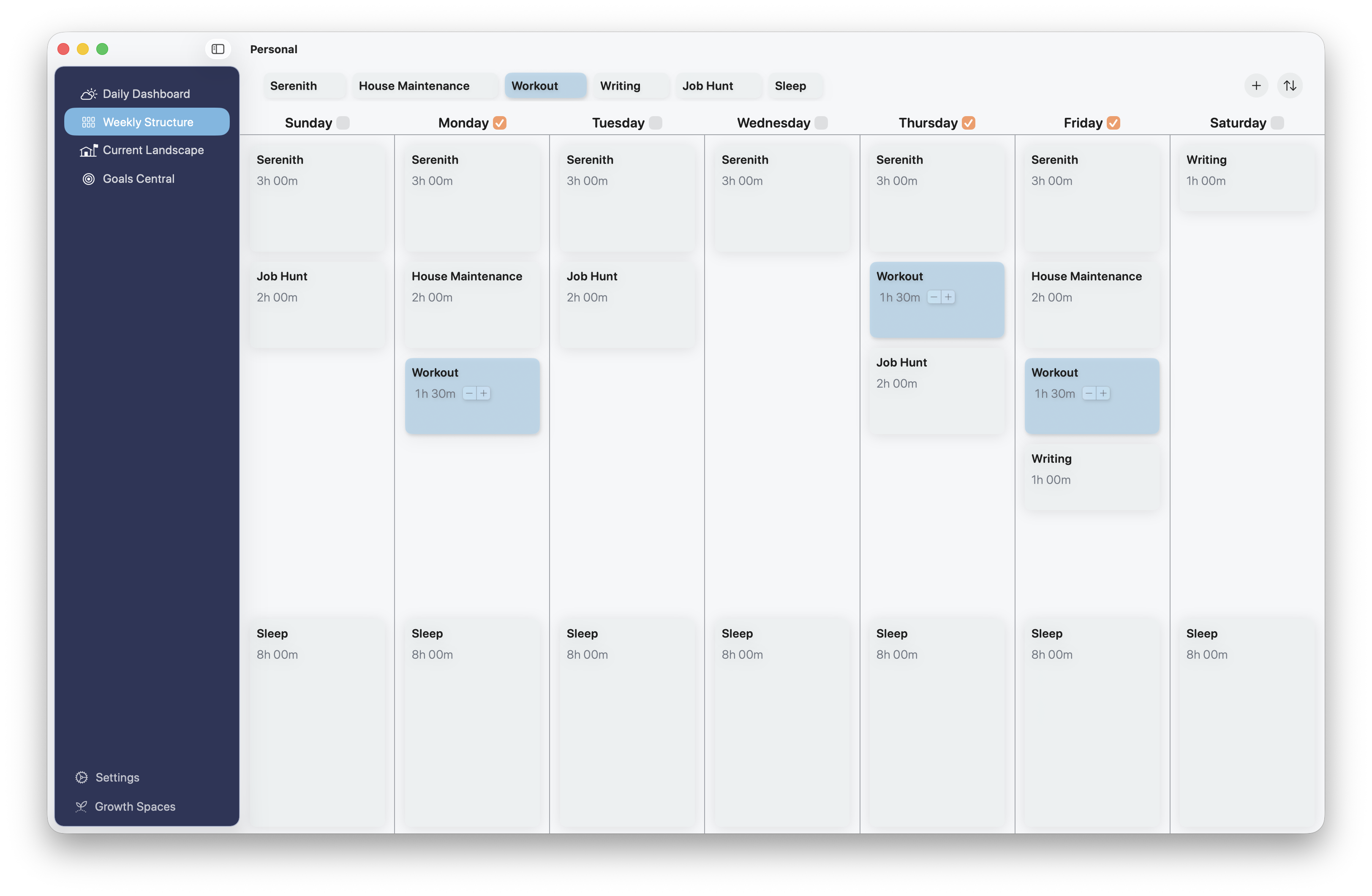 Serenith's Weekly Structure showing recurring blocks distributed across the week.